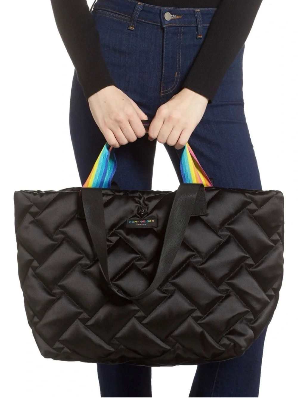 Kurt Geiger Black Quilted Tote with Rainbow Straps